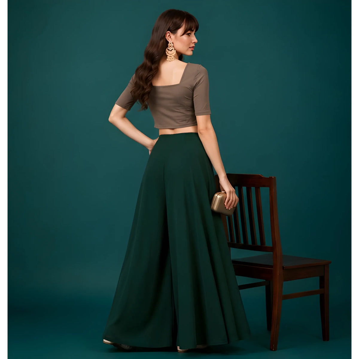 Women's Georgette Solid Mid-Rise Wide Leg Flared Palazzo with Elastic Waist (Bottle Green)
