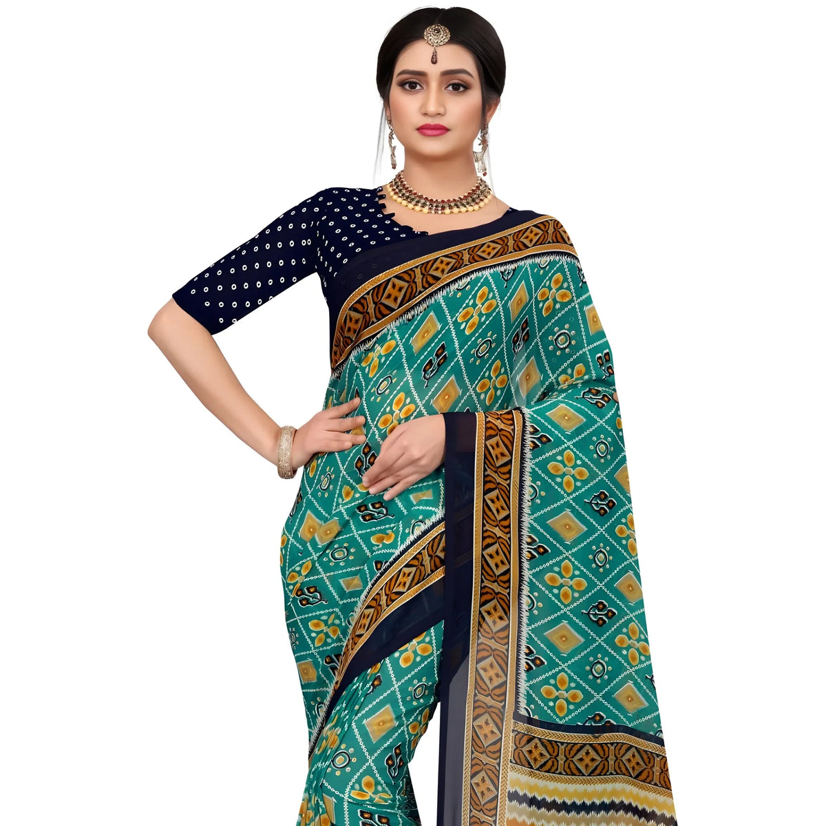 Women's Georgette Floral Print Saree With Unstitched Blouse 5.5Mtr (Dark Green)