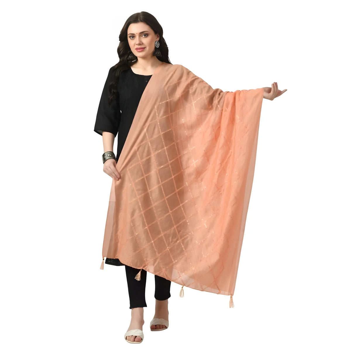 Women's Chanderi Self Design Dupatta (Peach, Length: Free Size)
