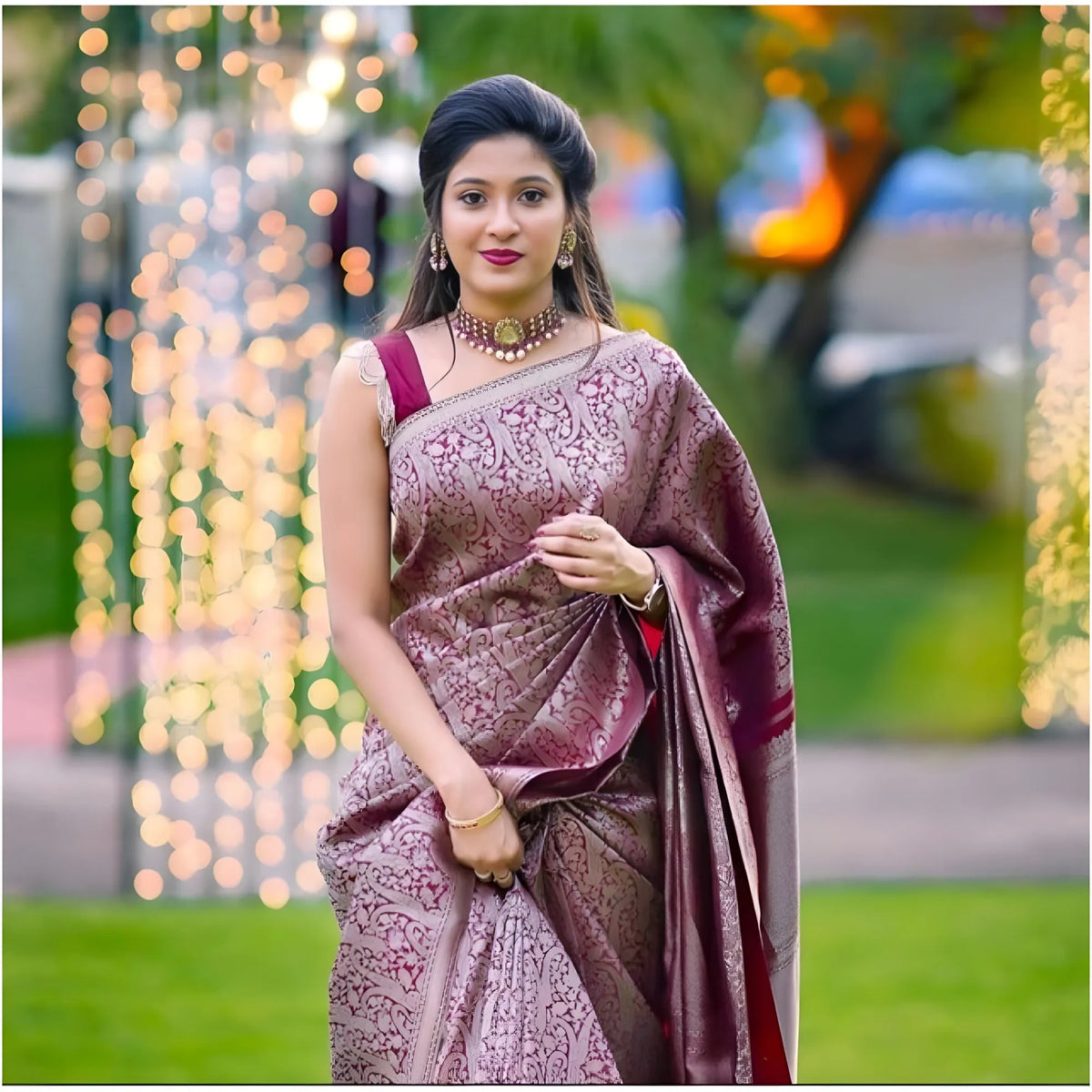 Women's Soft Lichi Silk Printed Saree With Unstitched Blouse 5.5Mtr (Wine)