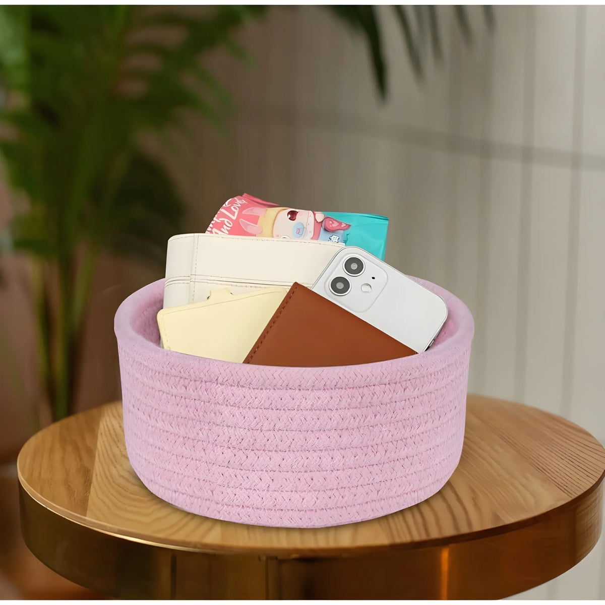 Cotton 8x3 Inch Round 1 Pcs Bedside Organizer With Out Lid (Pink)