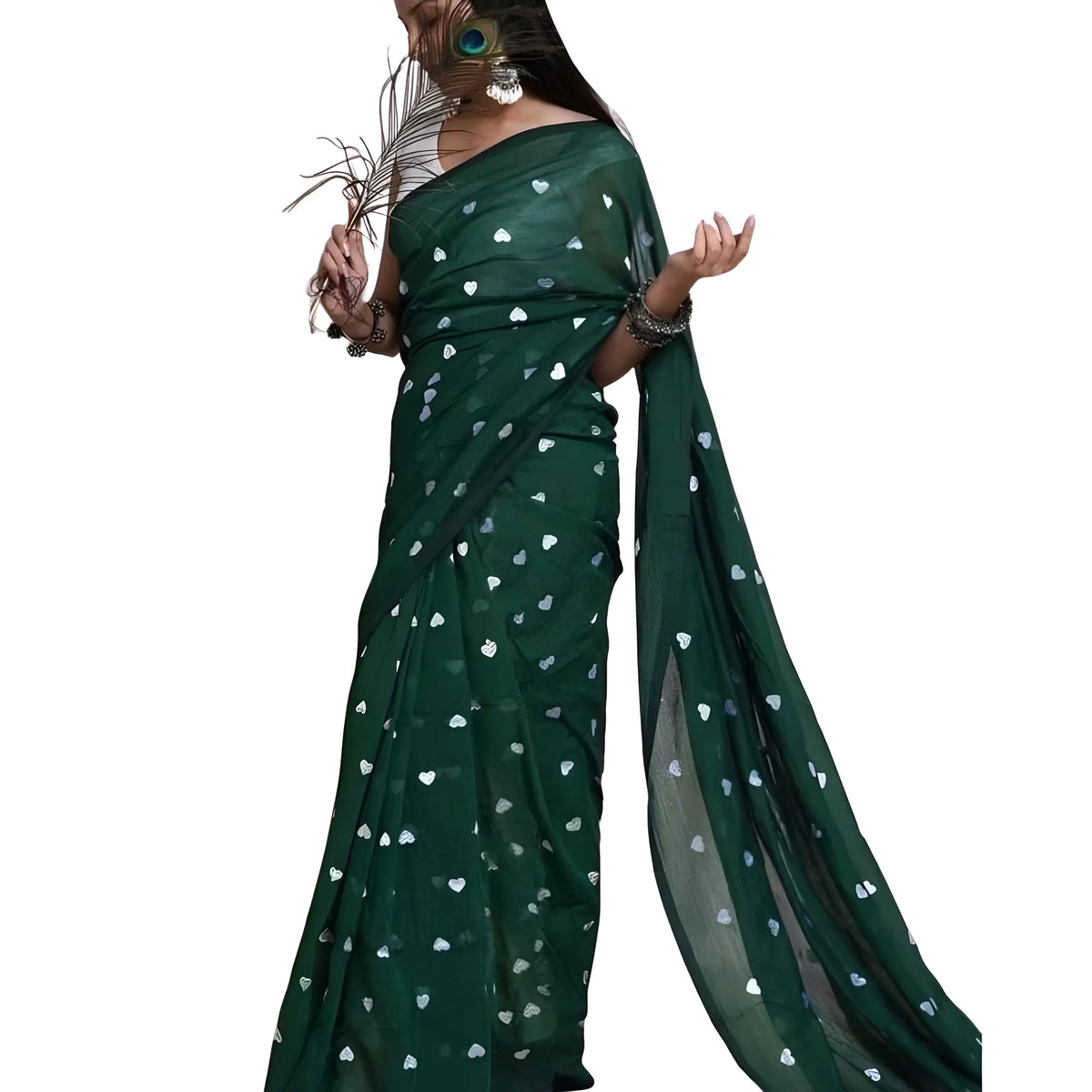 Women's Linen Printed Saree With Unstitched Blouse 5.5Mtr (Green)
