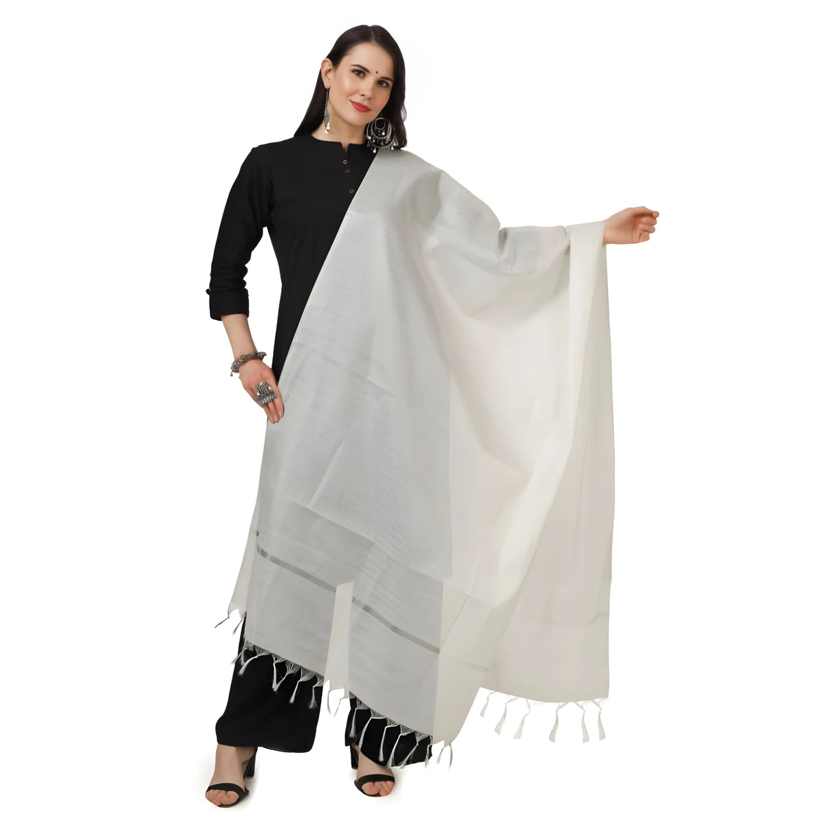 Women's Chanderi Solid Dupatta (White, Length: 2.25 to 2.50 Mtr)