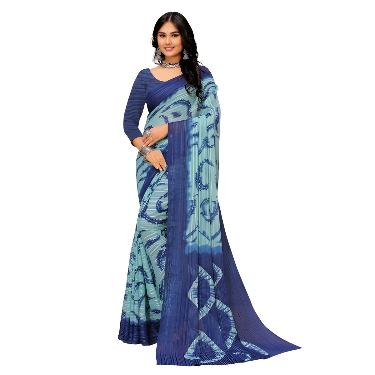 Women's Georgette Striped Printed Saree With Unstitched Blouse 5.5Mtr (Blue)