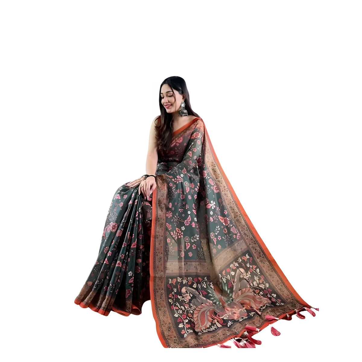 Women's Linen Printed Saree With Unstitched Blouse 5.5Mtr (Green)