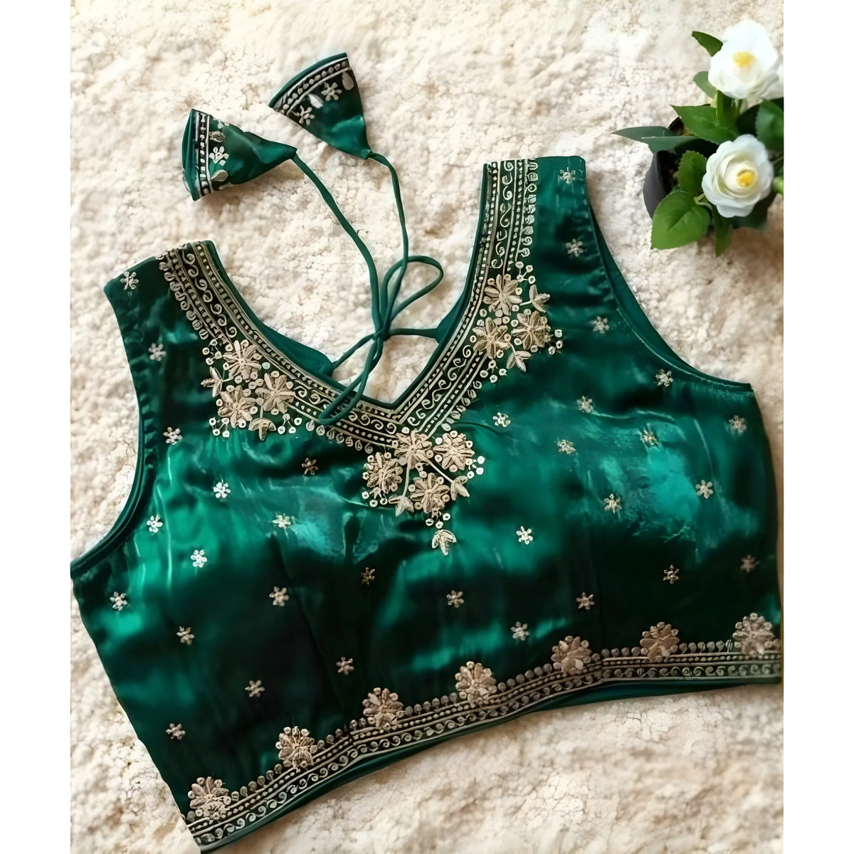 Women's Silk Embroidered V-Neck Sleeveless Readymade Padded Blouse (Green, Size 38)