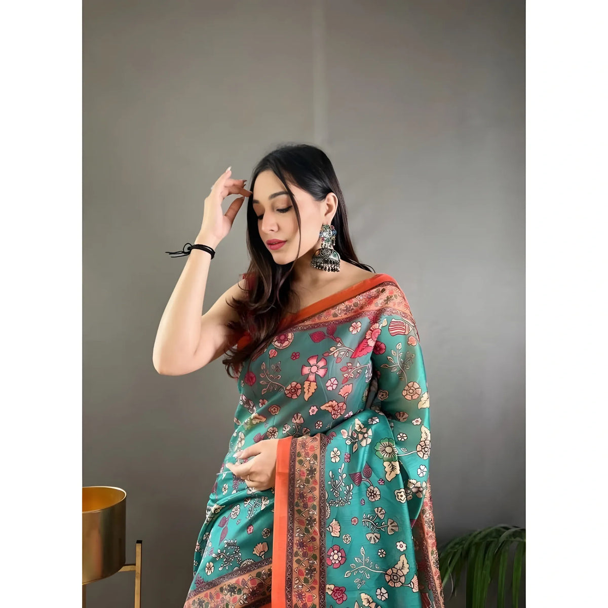 Women's Linen Printed Saree With Unstitched Blouse 5.5Mtr (Olive)