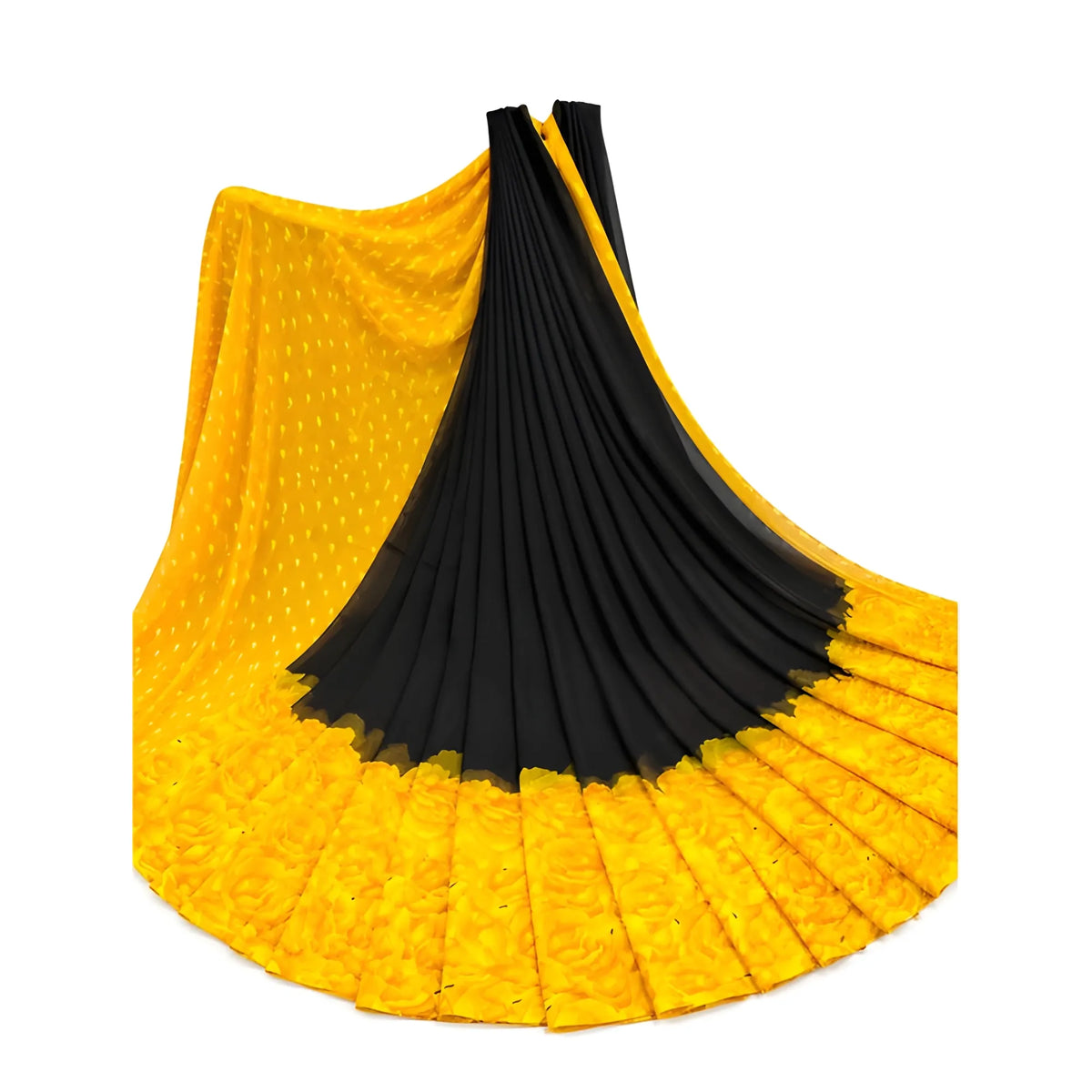 Women's Georgette Printed Saree With Unstitched Blouse 5.5Mtr (Black-Yellow)
