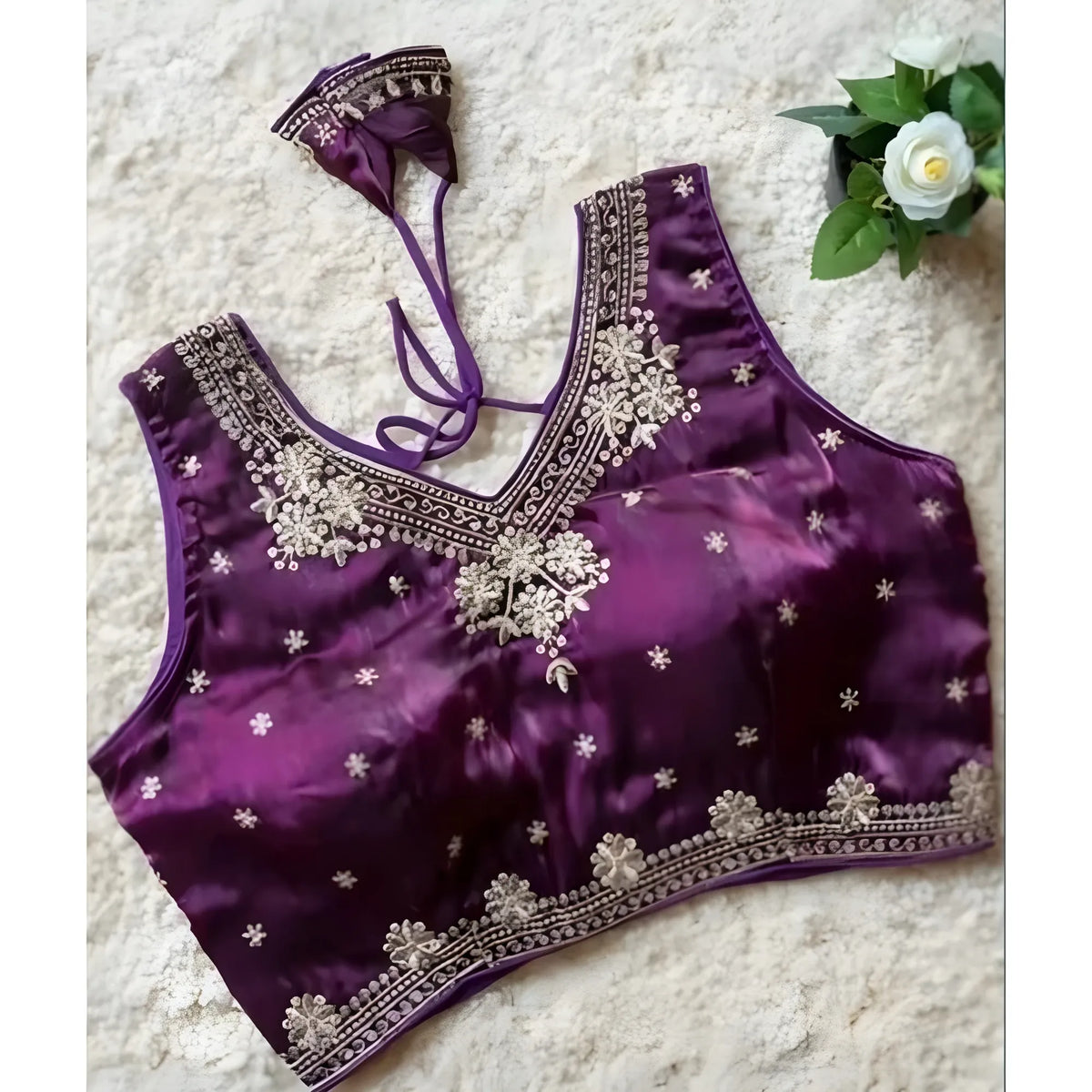 Women's Silk Embroidered V-Neck Sleeveless Readymade Padded Blouse (Wine, Size 38)