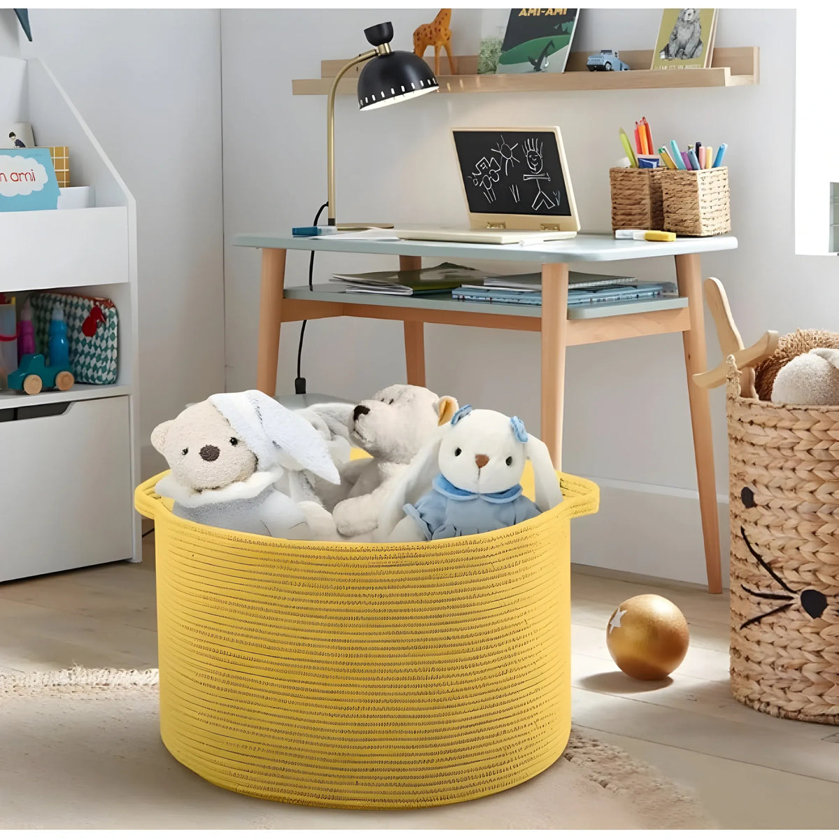 Cotton Pack Of_1 14x12 Inch Storage Basket For Clothes With Out Lid (Yellow)
