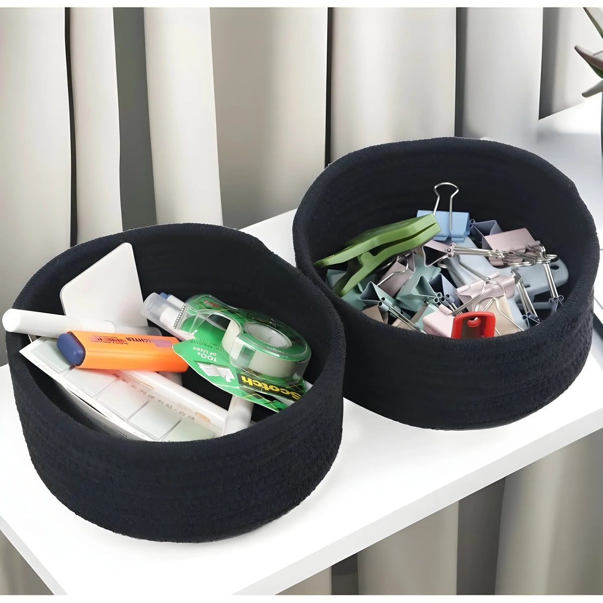 Cotton 8x3 Inch Round 3 Set Bedside Organizer With Out Lid (Black)