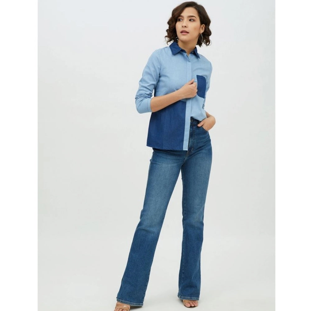 Women's Denim Patch Work Long Sleeves Standard Length Shirt (blue) | Women Signature Collection