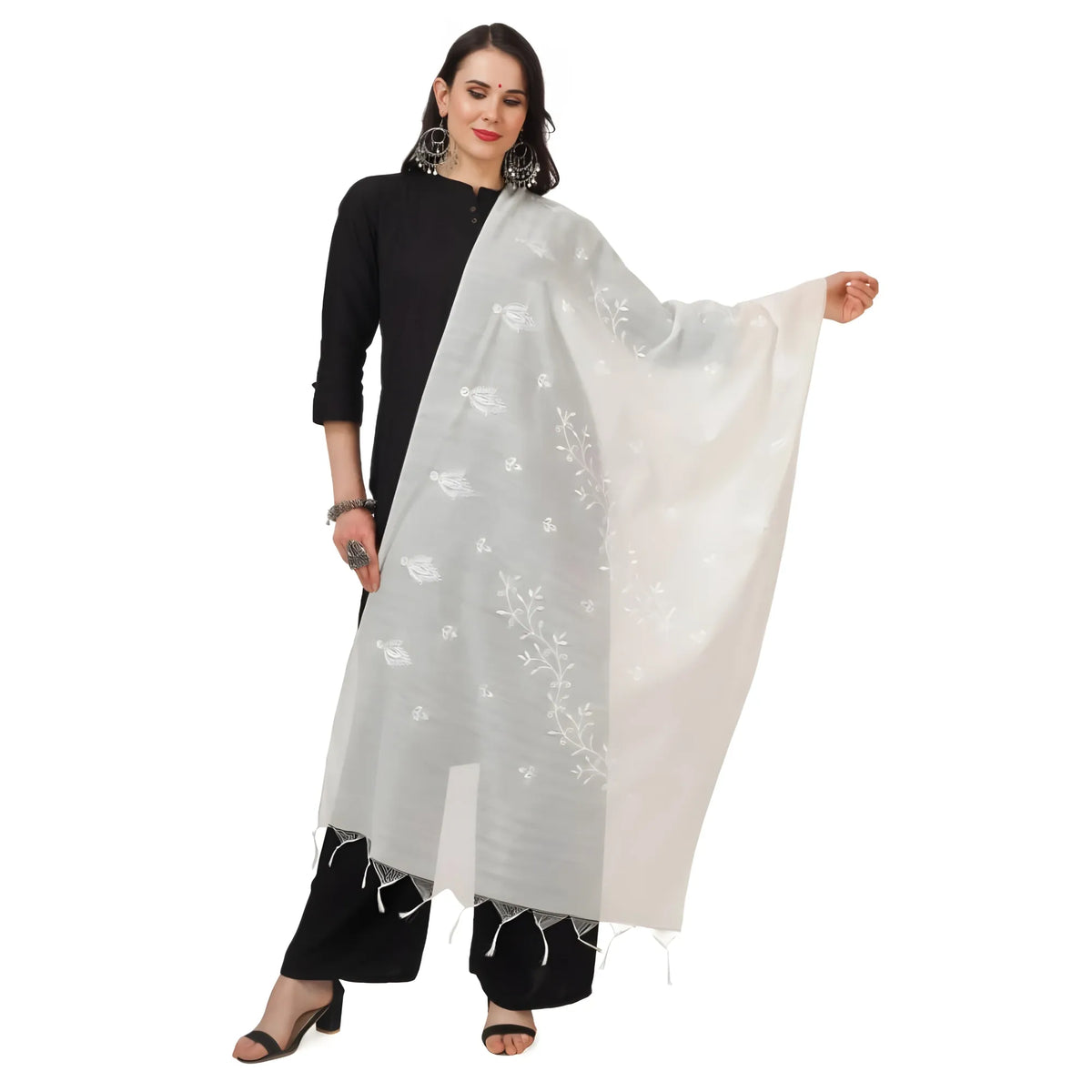 Women's Cotton Embroidered Dupatta (White, Length: 2.25 to 2.50 Mtr)