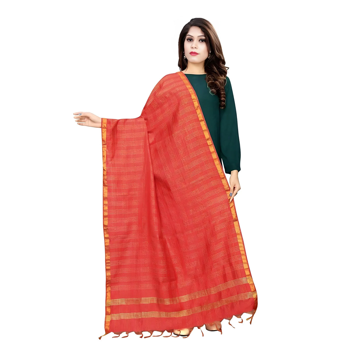 Women's Cotton Jari Woven Work Dupatta (Red, Length:2-2.4 mtr)