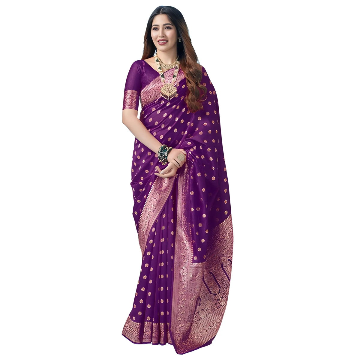 Women's Jacquard Printed Saree With Unstitched Blouse 5.5Mtr (Purple)