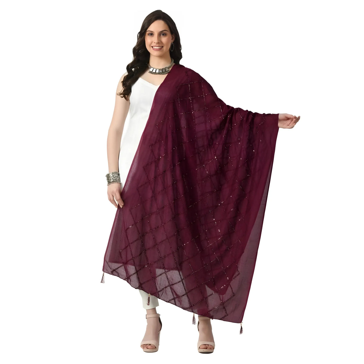 Women's Chanderi Self Design Dupatta (Wine, Length: Free Size)