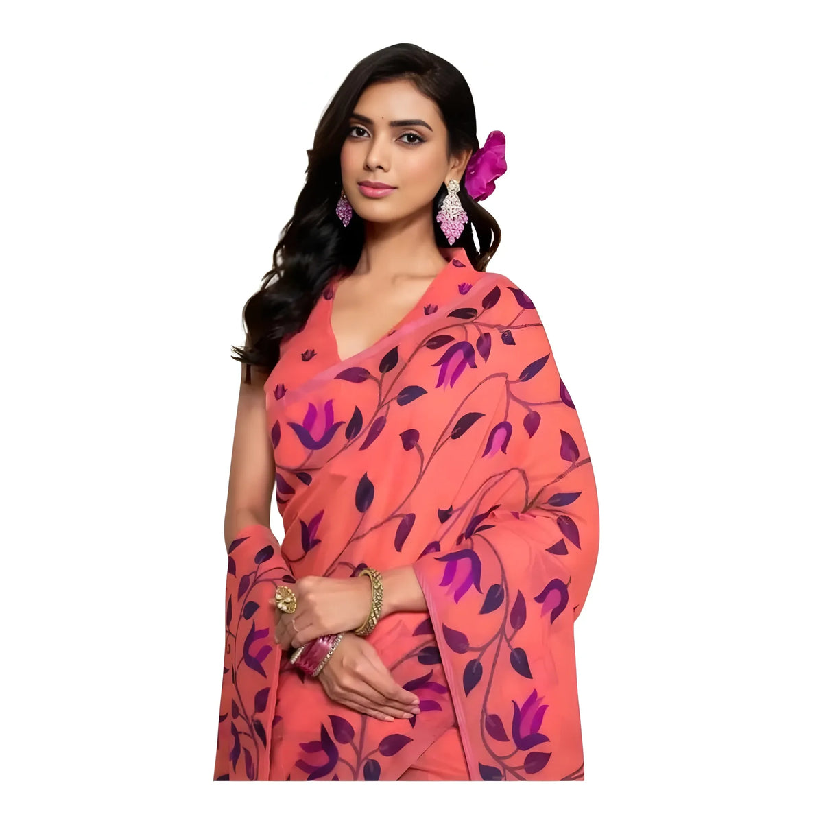 Women's Georgette Printed Saree With Unstitched Blouse 5.5Mtr (Peach)