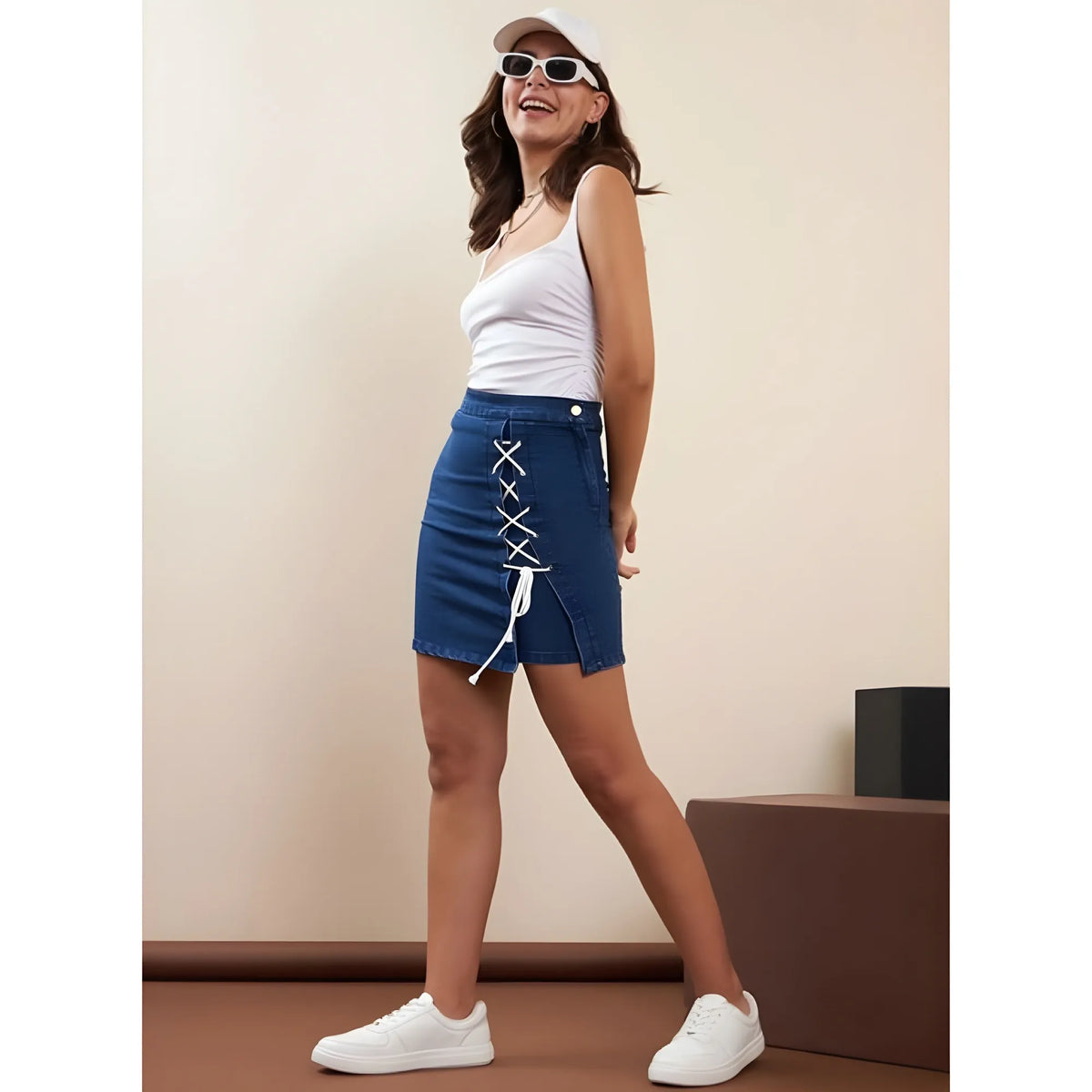 Women's Denim Lycra Solid Button Skirt (blue) | Women Signature Collection
