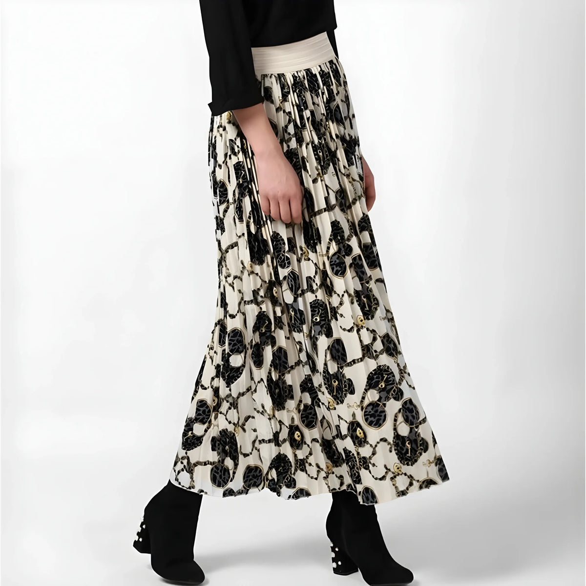 Women's Georgette Chain Print Elasticated Skirt (cream Black) | Women Signature Collection
