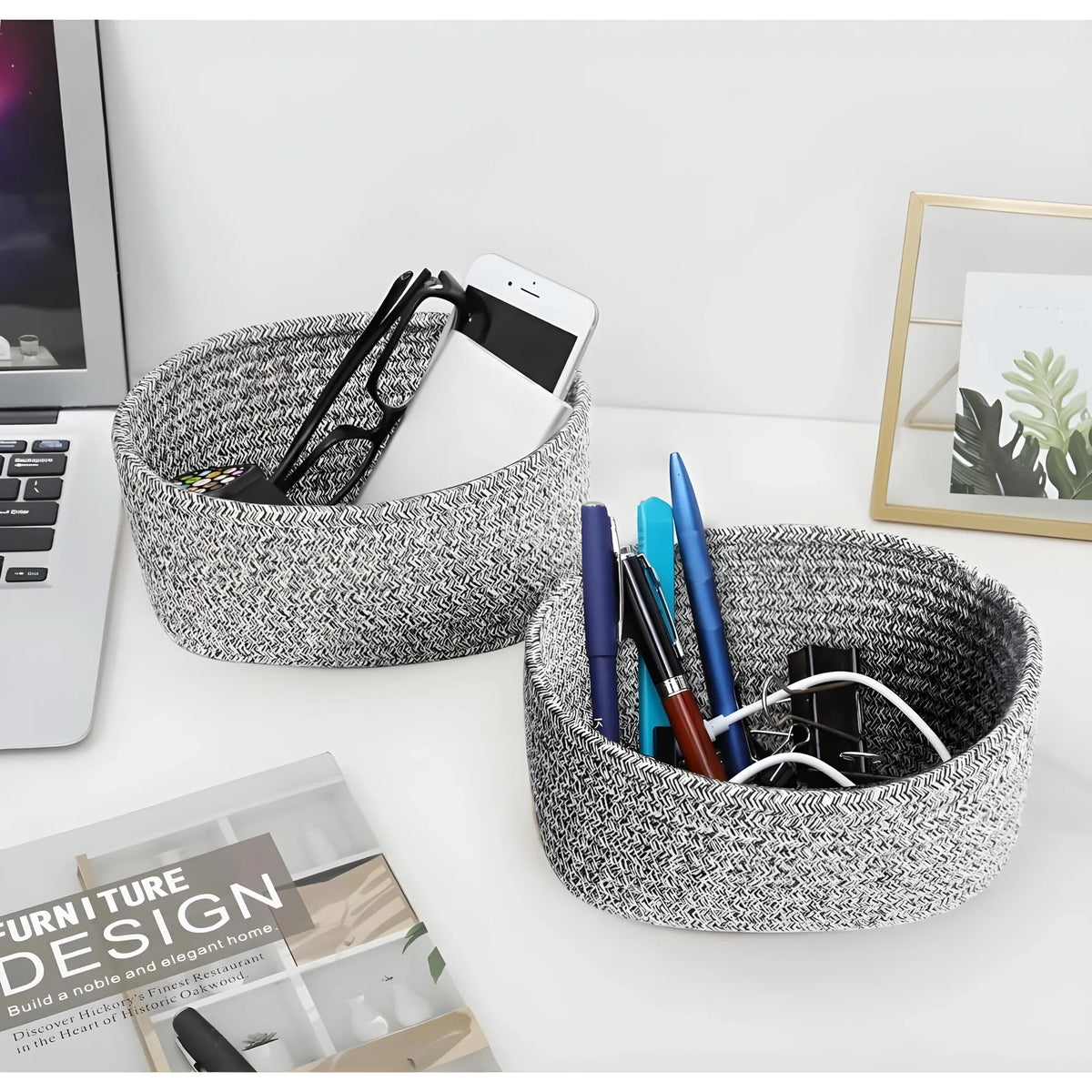 Cotton 8x3 Inch Kidi Round 2 Set Bedside Organizer With Out Lid (Black)