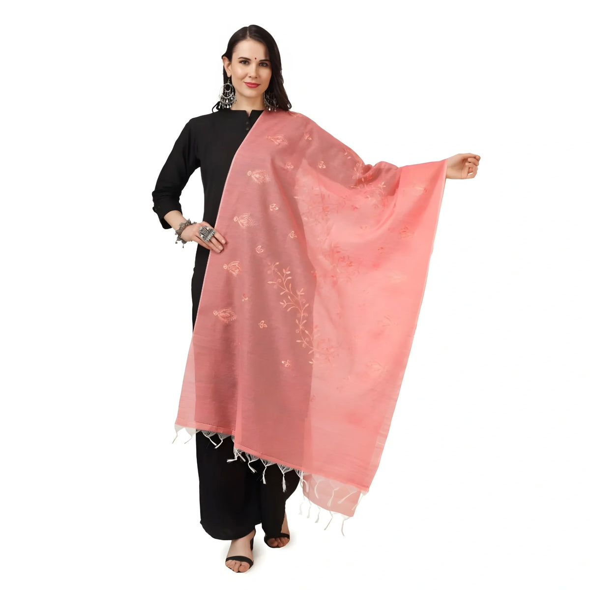 Women's Cotton Embroidered Dupatta (Peach, Length: 2.25 to 2.50 Mtr)
