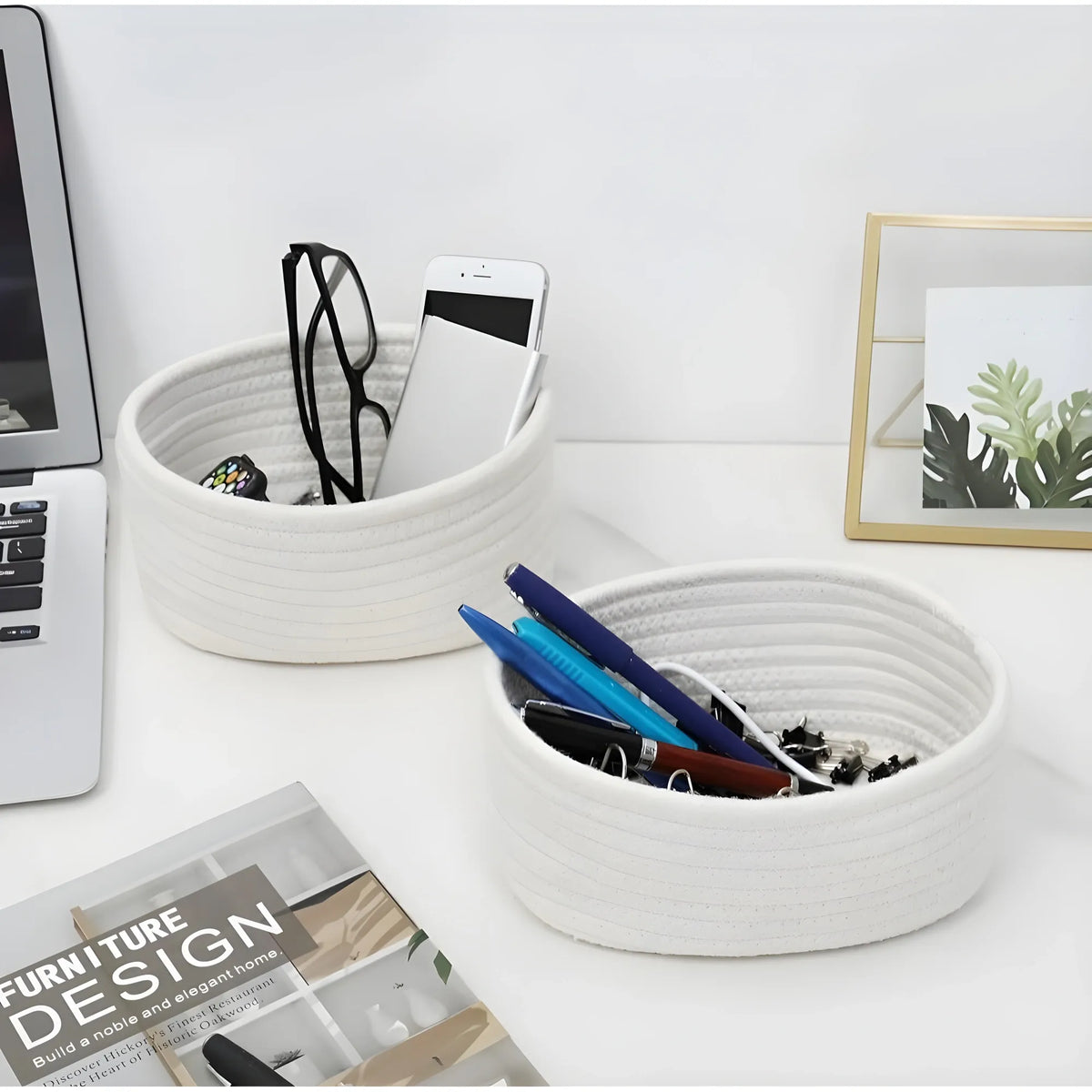 Cotton 8x3 Inch Round 2 Set Bedside Organizer With Out Lid (White)