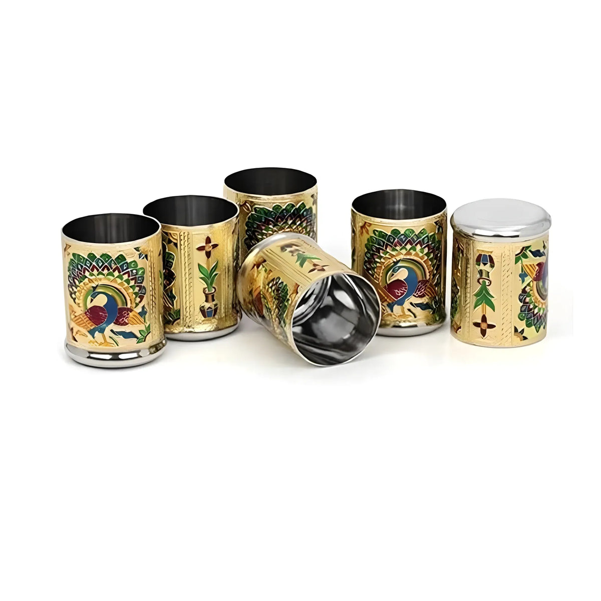 Steel Meenakari Peacock Design Decorative Glass Set (Gold)