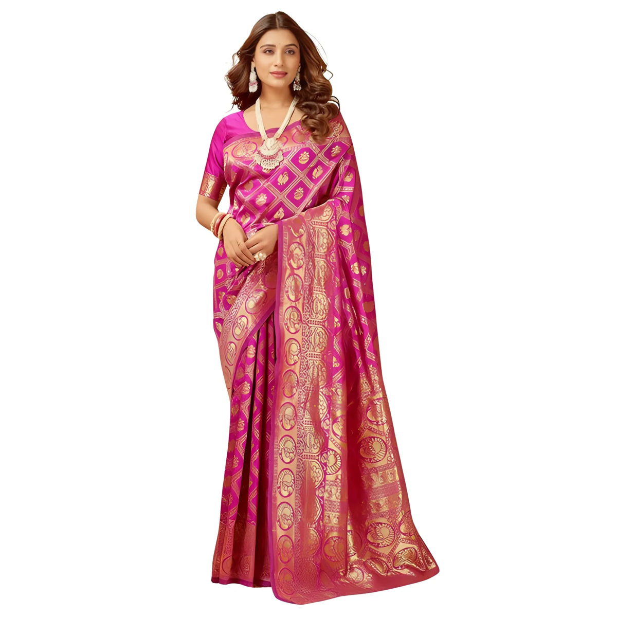 Women's Jacquard Printed Saree With Unstitched Blouse 5.5Mtr (Pink)