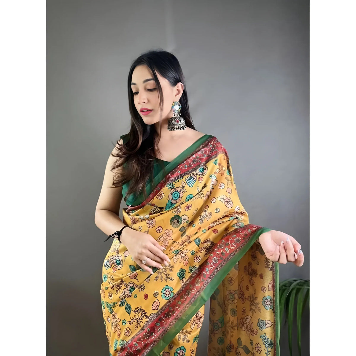 Women's Linen Printed Saree With Unstitched Blouse 5.5Mtr (Yellow)
