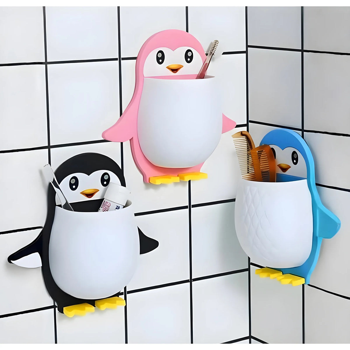 Pack of 3 Wall Mounted Penguin Design Toothpaste Holder (Multicolor)