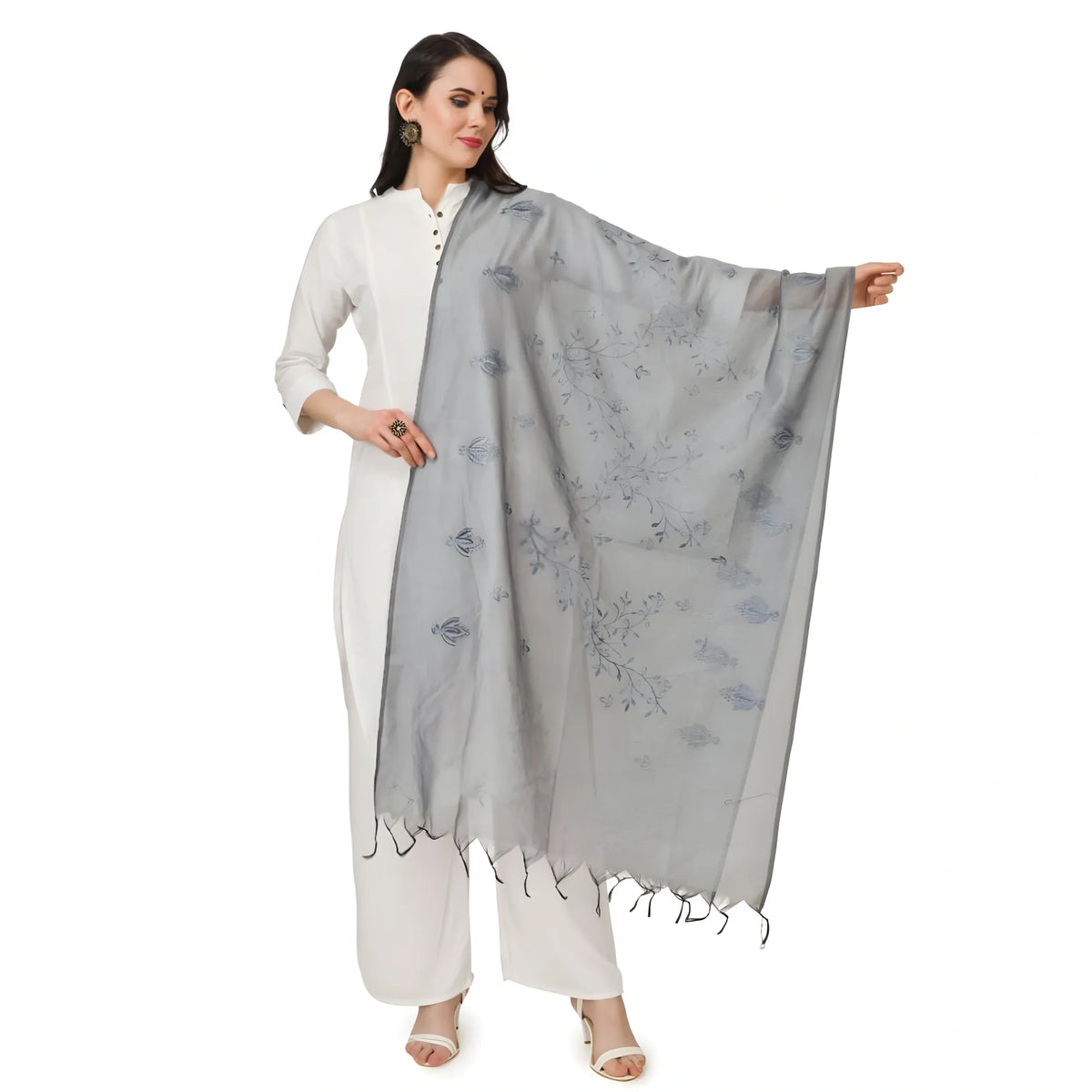 Women's Cotton Embroidered Dupatta (Grey, Length: 2.25 to 2.50 Mtr)