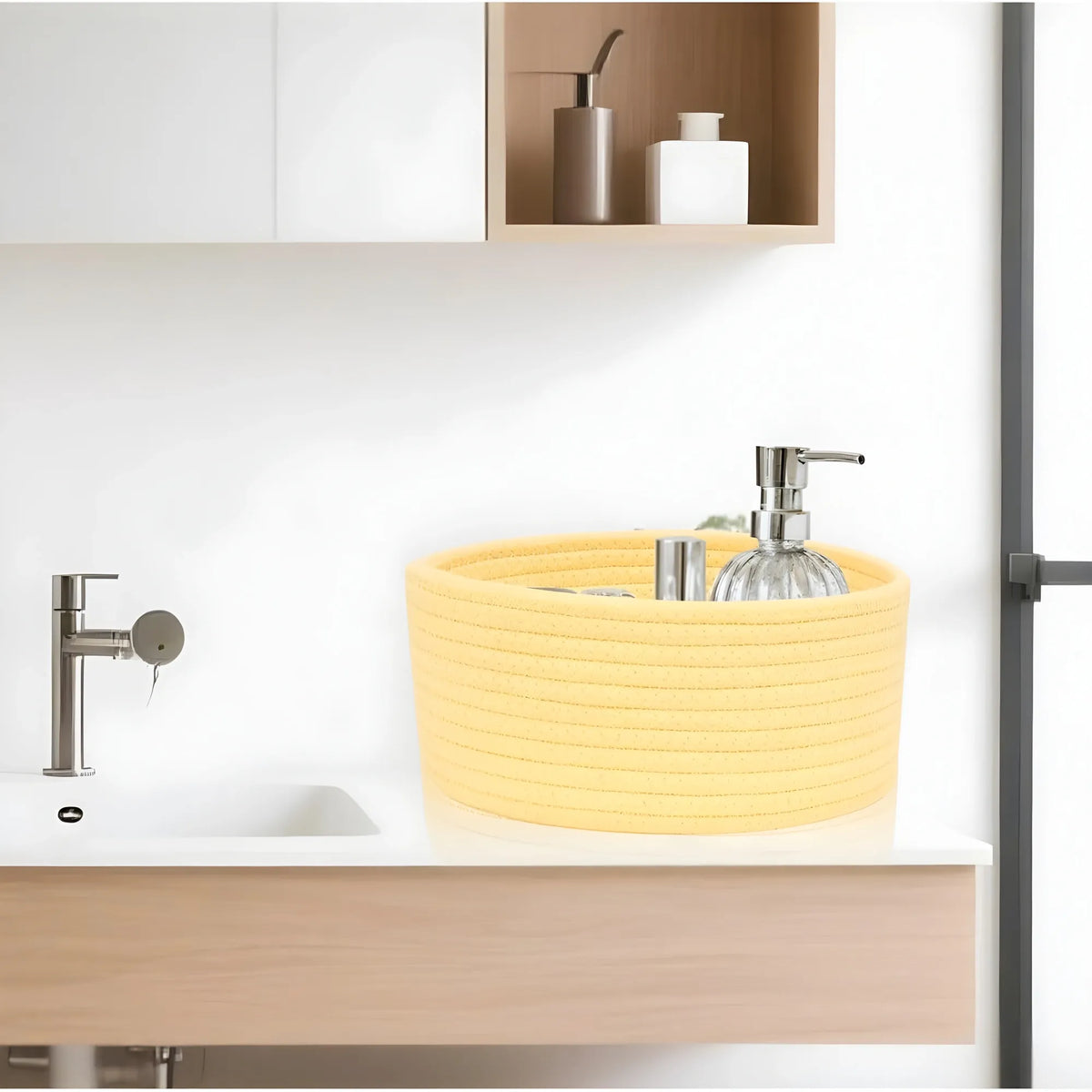 Cotton 8x3 Inch Round 1 Pcs Bedside Organizer With Out Lid (Yellow)
