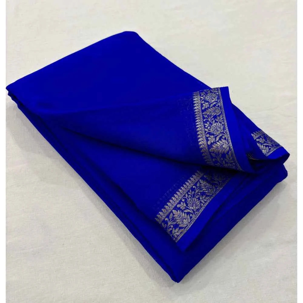 Azure Aster Crepe Chit Pallu Saree with Unstitched Blouse 5.5 m