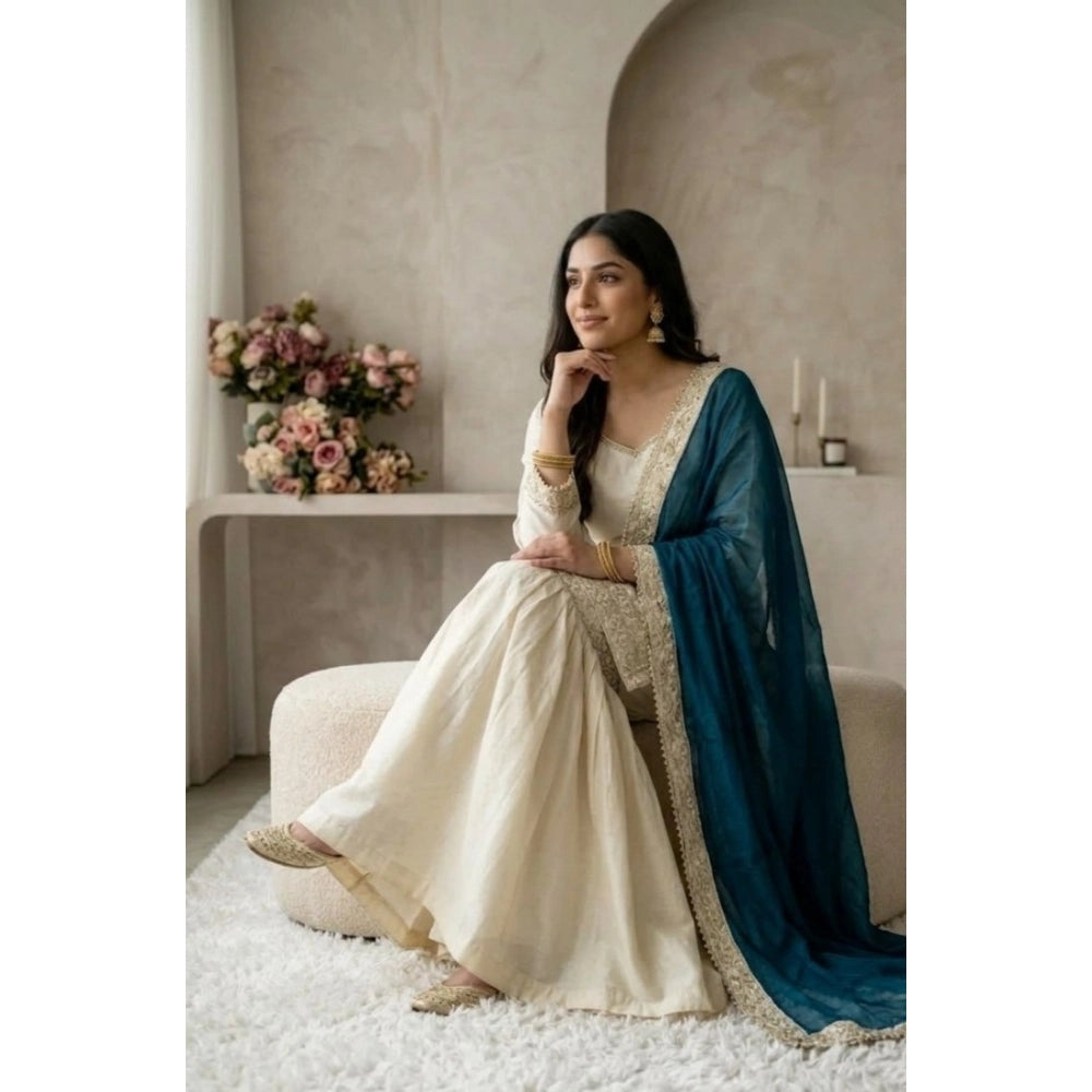 Women's Silk Embroidered 3/4th Sleeve V Neck Kurti With Sharara Pant And Dupatta Set (cream & Teal) | Women Signature Collection