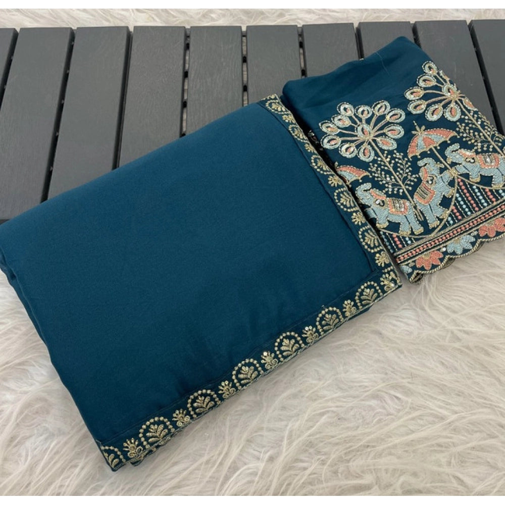 Women's Art Silk Embroidered Saree With Unstitched Blouse 5.5mtr (blue) | Women Signature Collection