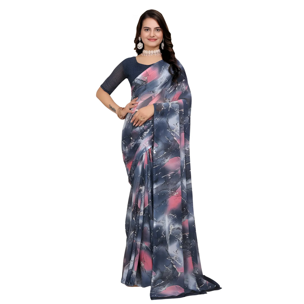 Women's Georgette Printed Saree With Unstitched Blouse 5.5Mtr (Grey-Pink)