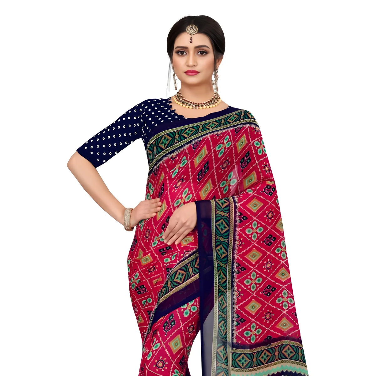 Women's Georgette Floral Print Saree With Unstitched Blouse 5.5Mtr (Pink)