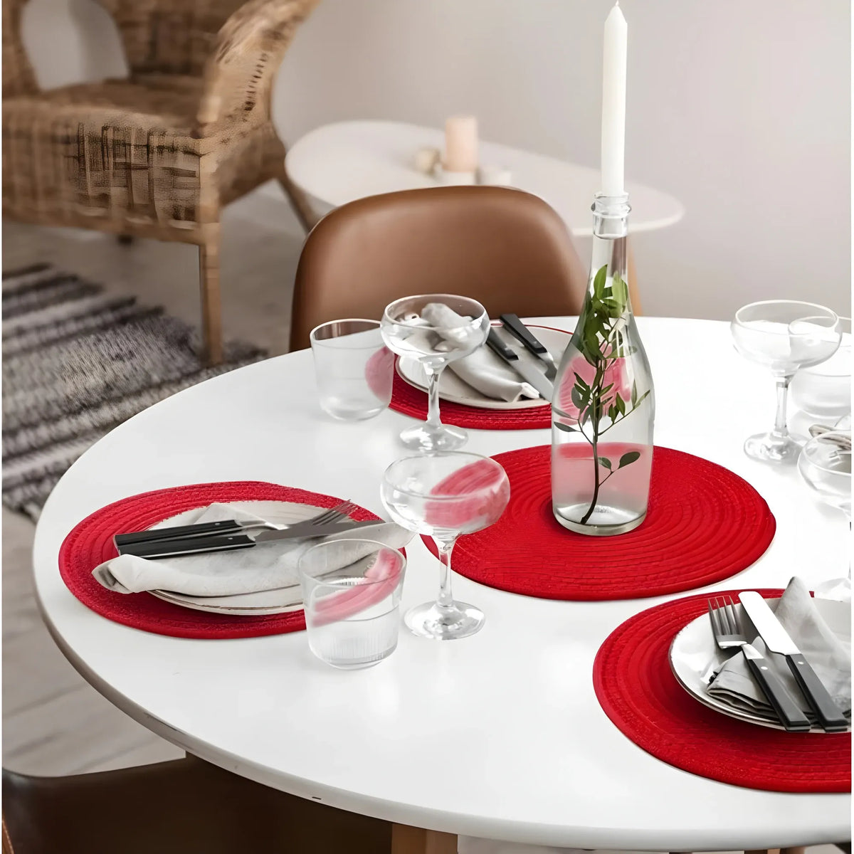 Cotton Dining Table Round Placemat Mats Set of 4 (Red)