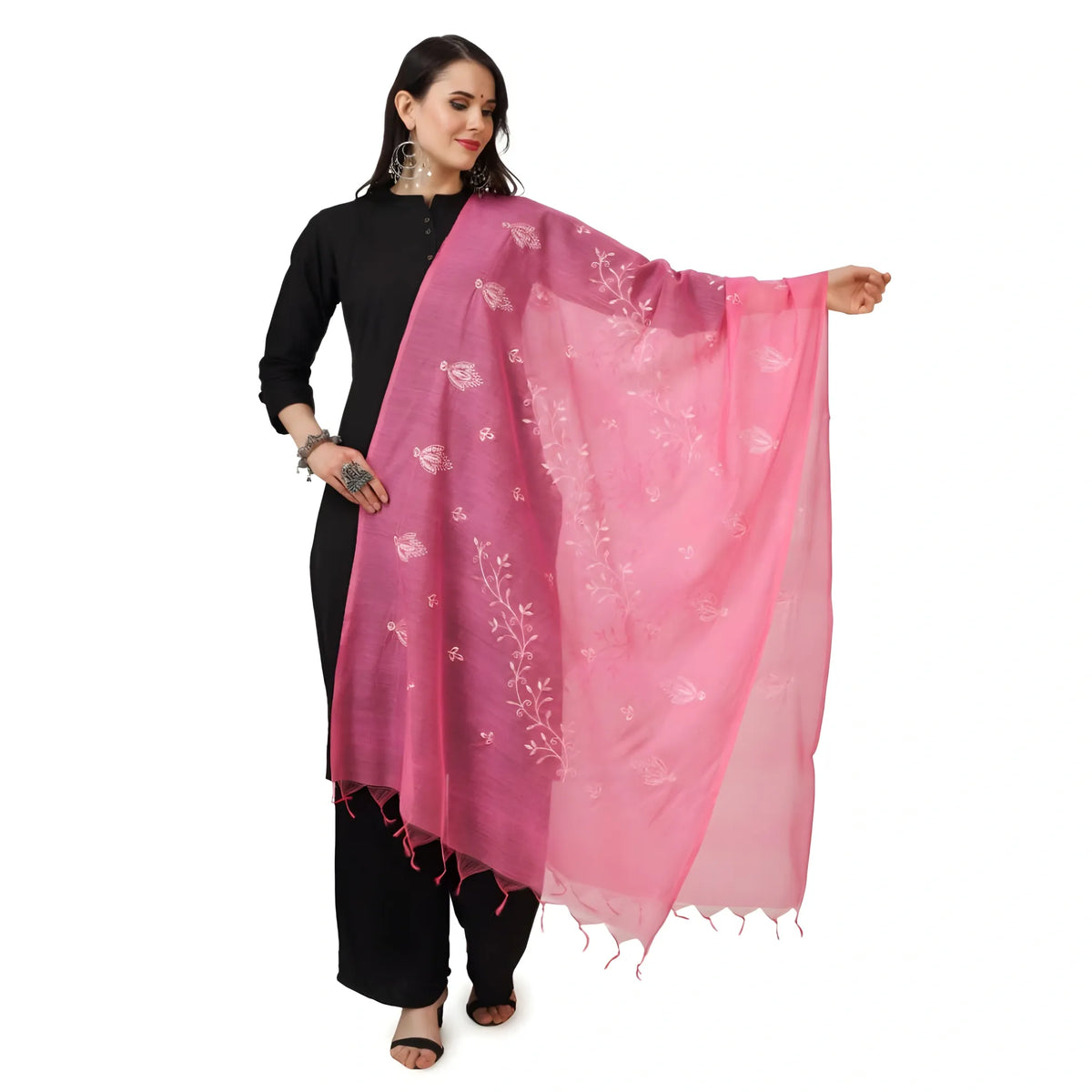 Women's Cotton Embroidered Dupatta (Pink, Length: 2.25 to 2.50 Mtr)