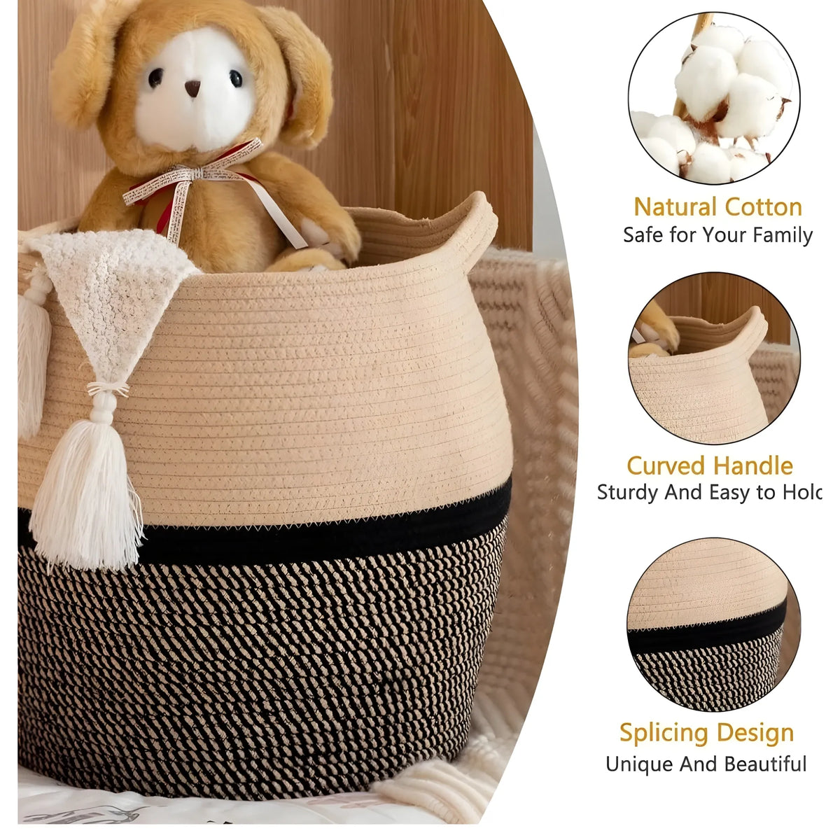 Cotton Matka 14x12 Inch Storage Basket For Clothes With Out Lid (Beige-Black)