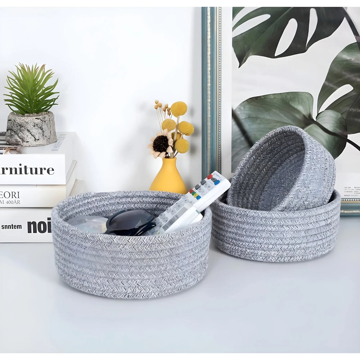 Cotton 8x3 Inch Kidi Round 3 Set Bedside Organizer With Out Lid (Gray)