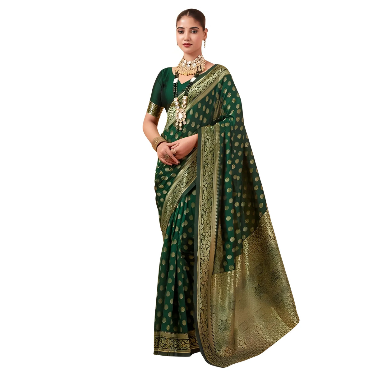 Women's Jacquard Printed Saree With Unstitched Blouse 5.5Mtr (Bottle Green)