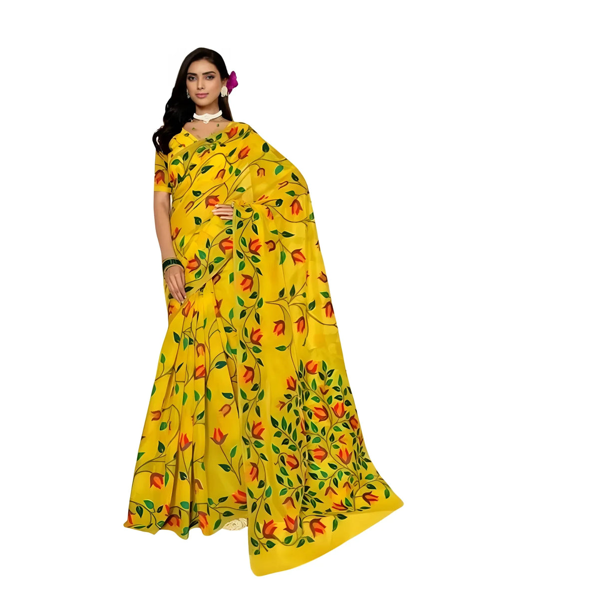 Women's Georgette Printed Saree With Unstitched Blouse 5.5Mtr (Yellow)