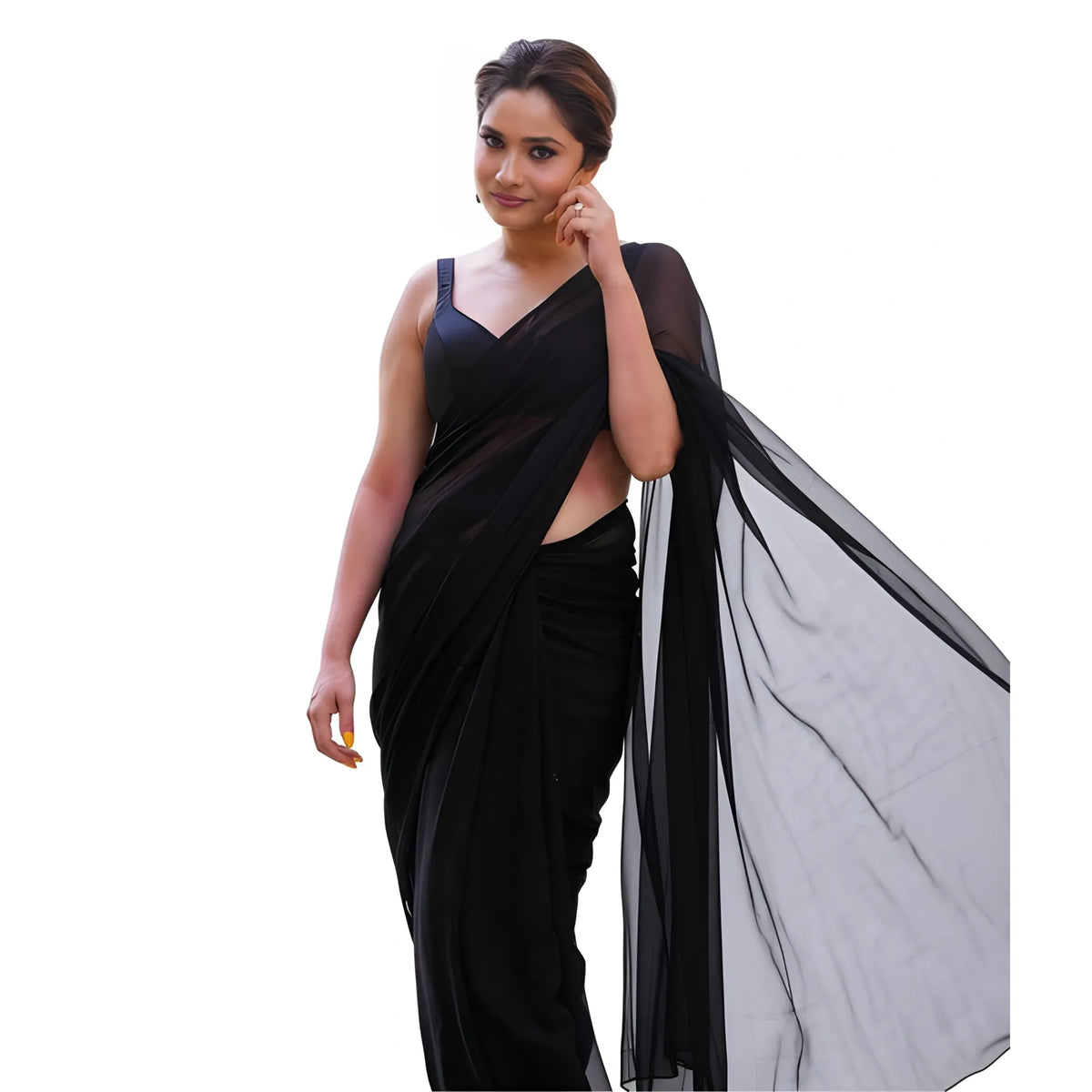 Women's Georgette Solid Saree With Unstitched Blouse 5.5Mtr (Black)