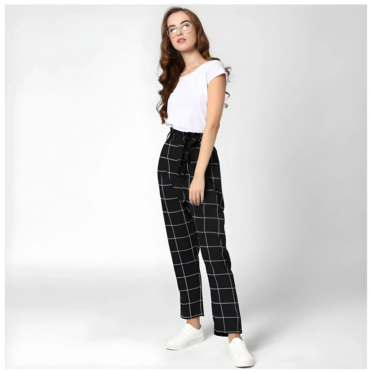 Women's Polyester Checkered Elasticated Trousers (black White) | Women Signature Collection