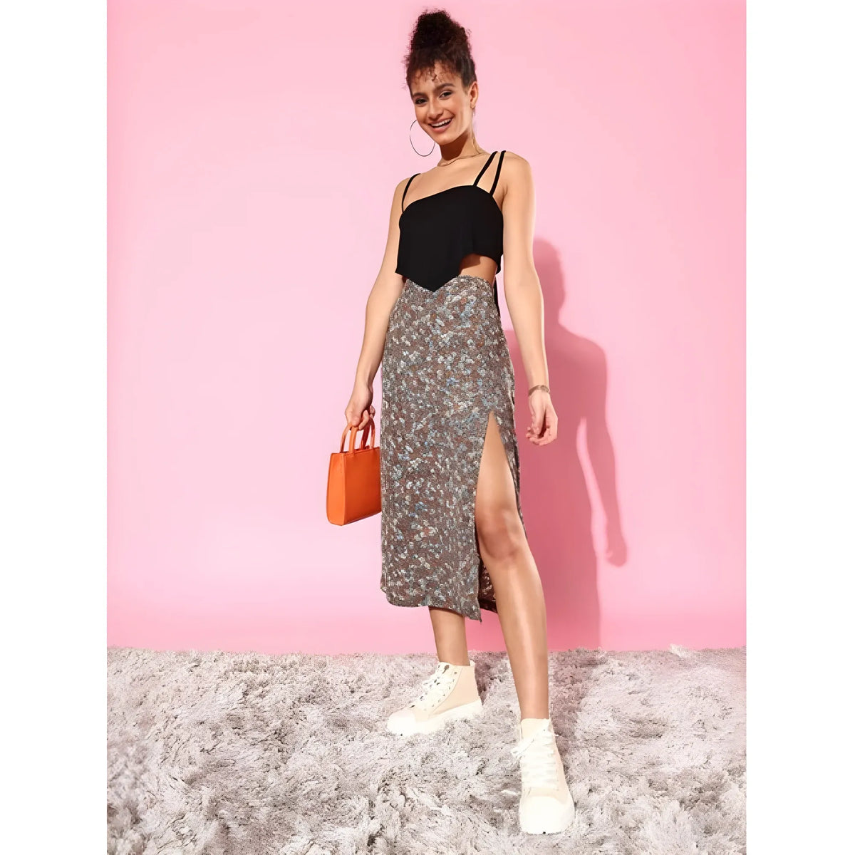 Women's Polyester Floral Side Zip Skirt (grey Coral) | Women Signature Collection