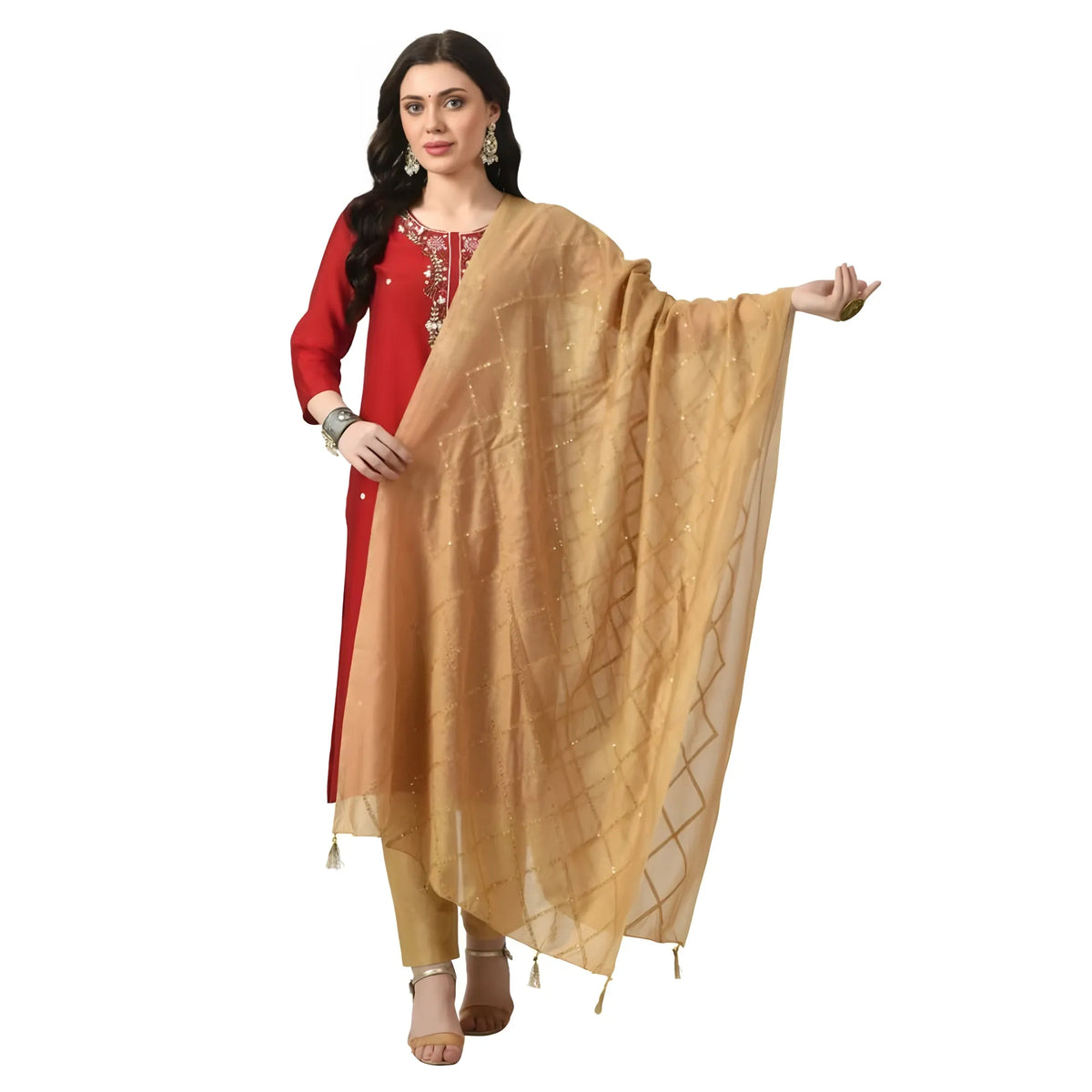 Women's Chanderi Self Design Dupatta (Gold, Length: Free Size)