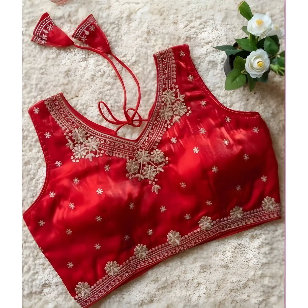 Women's Silk Embroidered V-Neck Sleeveless Readymade Padded Blouse (Red, Size 38)