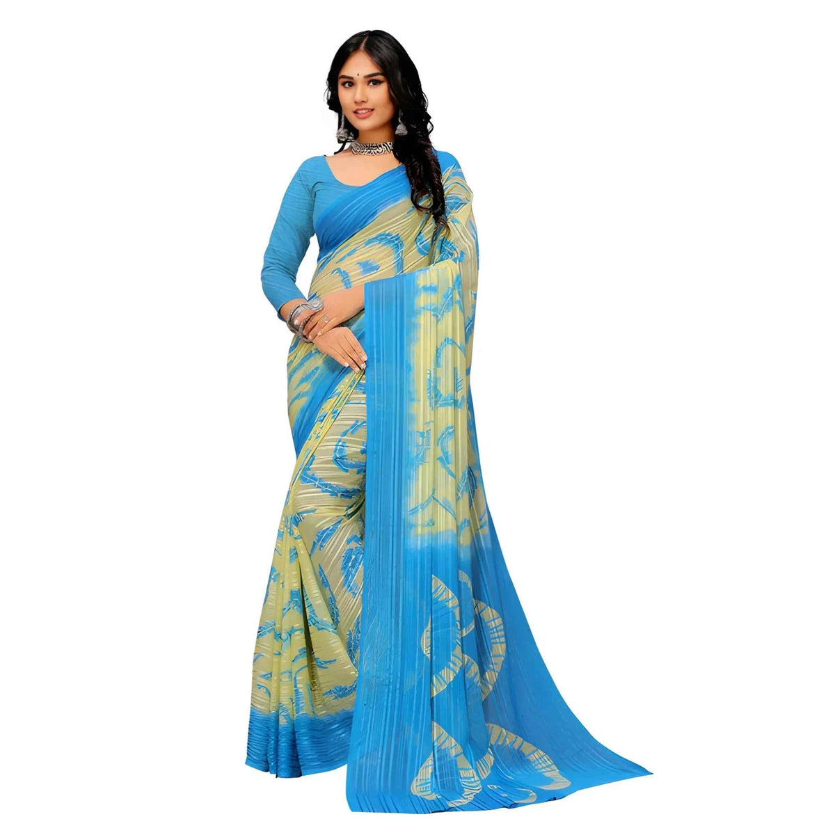 Aveline Georgette Striped Printed Saree With Unstitched Blouse