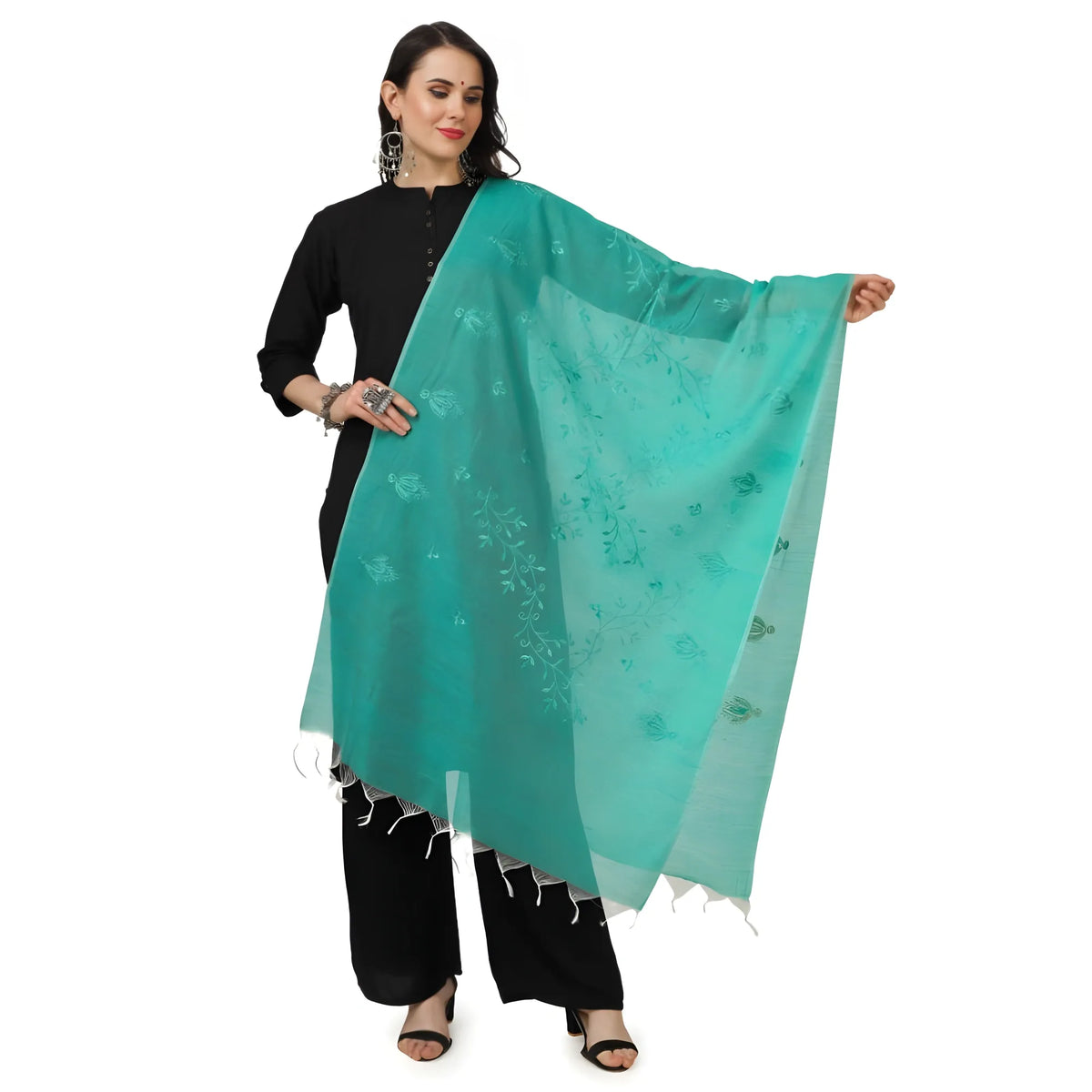 Women's Cotton Embroidered Dupatta (Turquoise, Length: 2.25 to 2.50 Mtr)